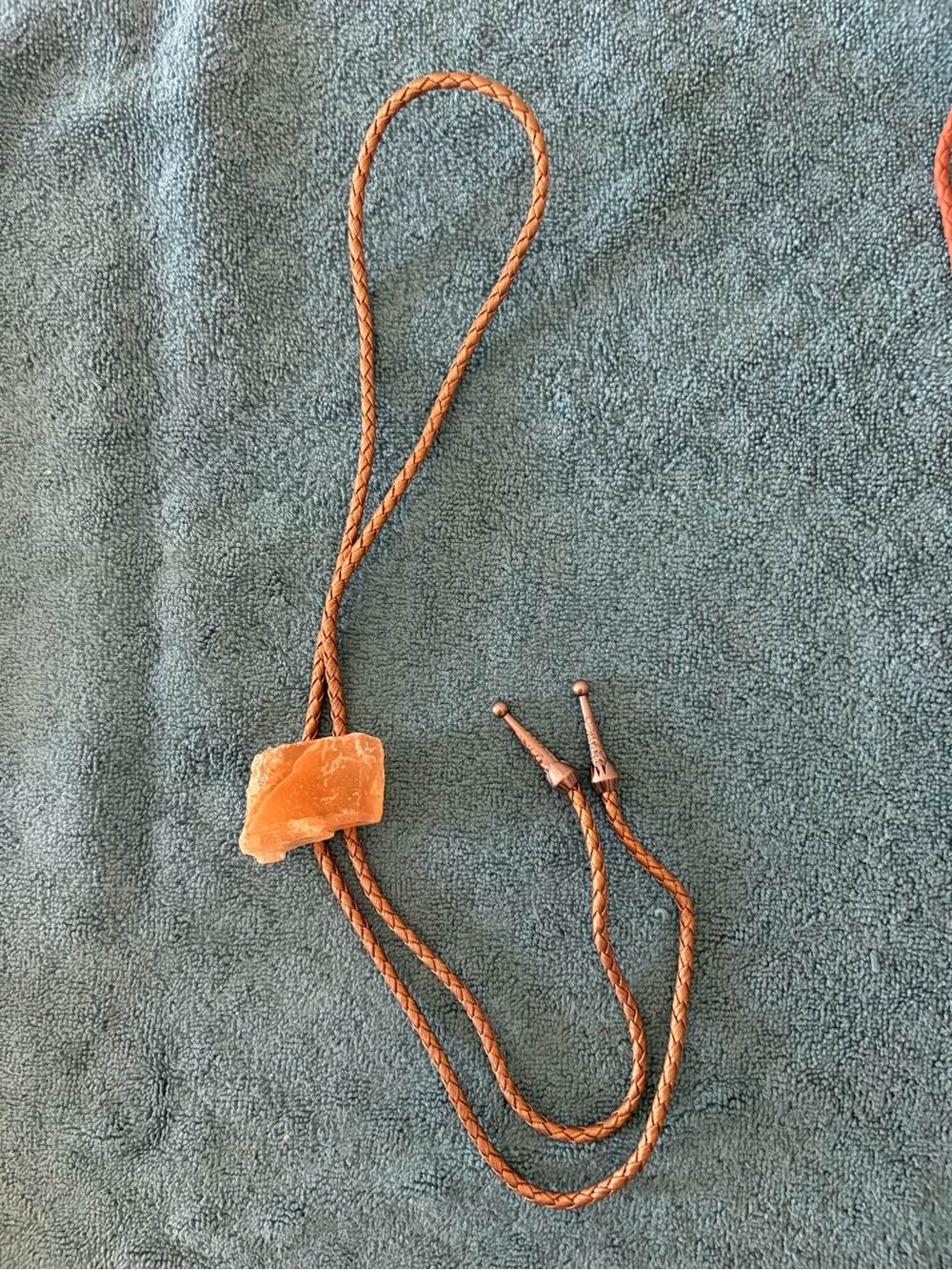 Braided Leather Bolo Tie with Orange Stone Accent